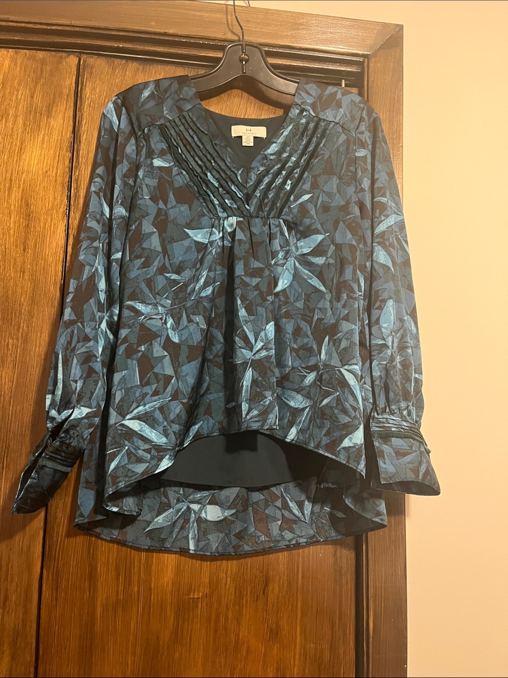H by Halston Teal-Print Pleated V-Neck Blouse
